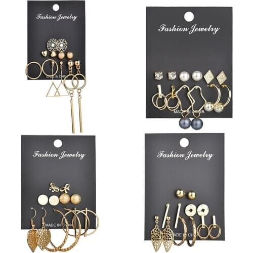 Hot 9 Pairs/Set Mix Design Square Leaves Rhinestone Stud Earrings For Women Crystal Earrings Fashion Jewelry