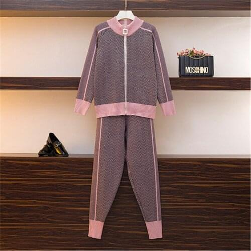 Casual Two-Piece Sweater Cardigan Jacket Women 2021 Autumn New Womens Knitted Suit Fashion Baseball Sports Zip Top And Pants Set
