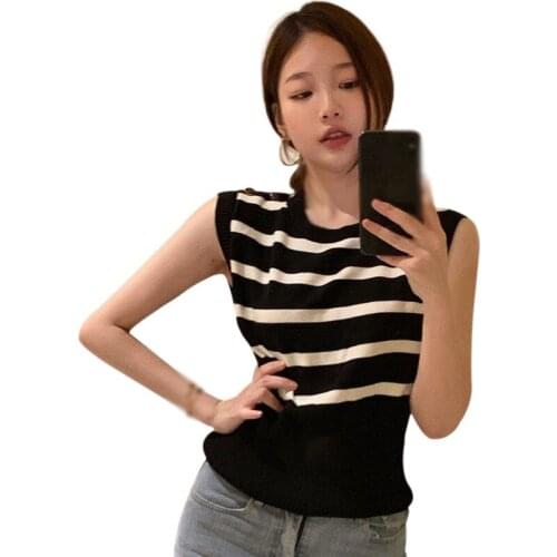 Women Vest Round Collar Sleeveless Tank Tops Spring Summer Striped Vest Camis