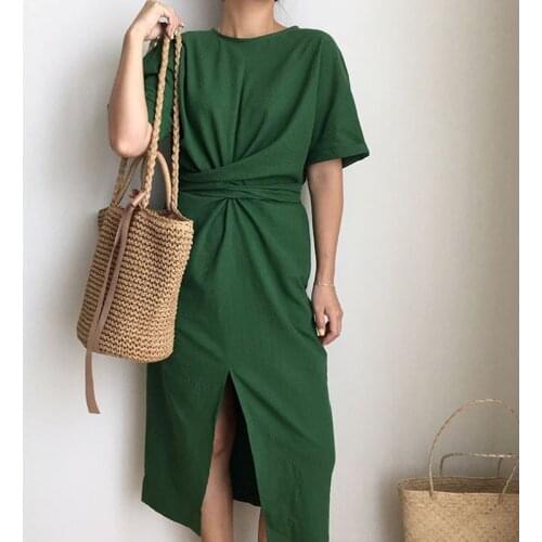 2021 Womens Summer Cotton Maxi Dress Bodycon Vintage Party Dress Female Short Sleeve Bandage Split Plus Size Dresses Robe 15025