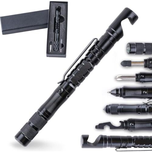 11 In 1 Anti-skid Portable Self Defense Tactical Pen Touchscreen Pen Glass Breaker Compass Phone Holder Multipurpose Outdoor EDC