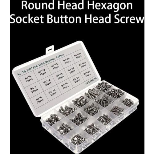 440 Pcs/set M3 M4 M5 304 Stainless Steel A2 Round Head Screws Mushroom Hexagon Socket Button Head Screw Kit