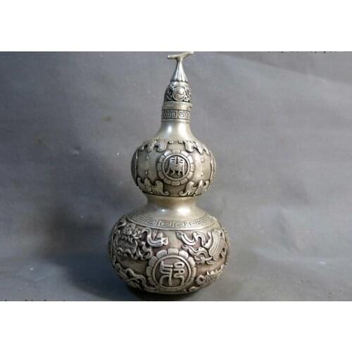 8" China silver carved The town house eight treasures bottle gourd Statue