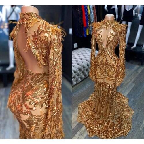 Arabic Aso Ebi Gold Evening Pageant Dresses 2021 Real Image Luxury Feather Long Sleeve High Neck Mermaid Prom Reception Gown
