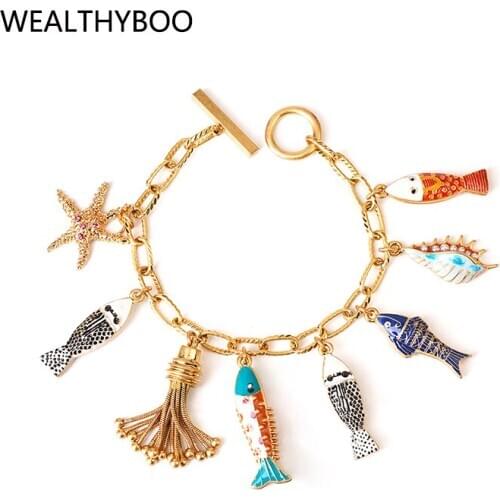 Bohemia Ocean Beauty Charms Bracelet Bangle Hand Enamel Fishes Conch Seastar Tassel Pendants Toggle Bracelet Pulseras