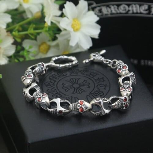 Apinje 925 Sterling Silver Punk Skull Bracelet Men Zircon Eyes Chain Bangle Man Jewelry Accessories