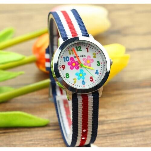 Promotion children lovely flower nylon dress gift wristwatches for girls fashion nylon colorful watches Linda chica reloj