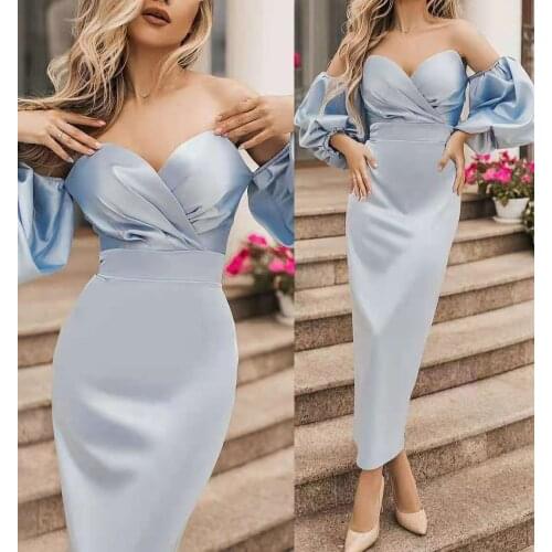 Long Satin Straight Light Blue Evening Dresses Ankle Length Sexy Corset Back Pleated Formal Party Gowns for Women
