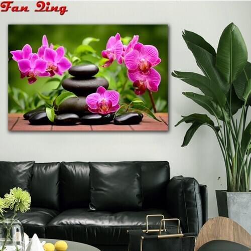 Full Square round drill Diamond painting orchid black stones zen Diamond embroidery Cross stitch resin puzzle painting decor
