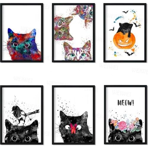 Nordic Style Black Pet Cat Letter Picture Halloween Home Decoration Painting Living Room Simple Style Posters Canvas Painting