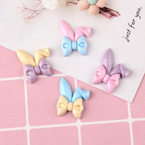 Kawaii Resin Cabochons 10pcs 20*26mm Flatback Candy Colors Ribbon Knot Bow Animal Rabbit Ear Patch Sticker Ornament Accessories
