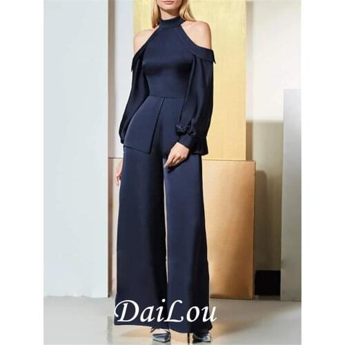 Jumpsuits Minimalist Elegant Wedding Guest Prom Dress Halter Neck Long Sleeve Floor Length Spandex with Sleek Draping 2021