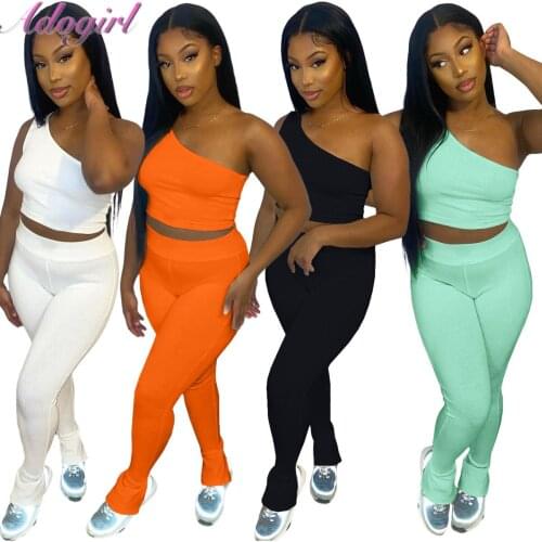 Women Ribbed Knitted Sportwear Two Piece Set Fitness Solid One Shoulder Crop Top Leggings Outfit Sweatpants Activewear Tracksuit