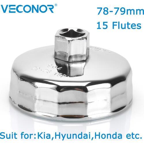 Veconor 1/2" Square Dr. Steel 78mm-79mm Oil Filter Wrench Cap Housing Tool Remover 15 Flutes Universal For Kia Hyundai Honda