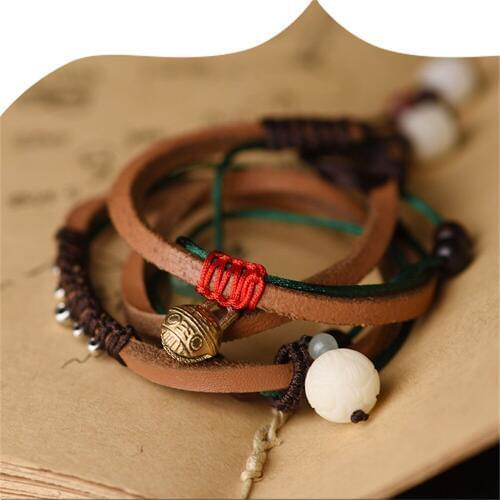 Multilayer Leather Bracelet For Women Vintage Bohemian Charm Cowhide Bodhi Beaded Bracelet & Bangles Buddhism Stone Jewelry Gift