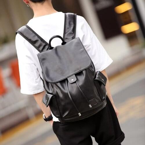 Fashion Brand Large Leather Mens Backpacks Shoulder bags String open Black 15" Laptop Backpack Mens Travel bag Schoolbag 2021