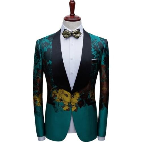 2021 New Mens Luxury Floral Print Green Suit Jacket One Button Shawl Lapel Men Tuxedo Blazer Dinner Wedding Party Costume Homme
