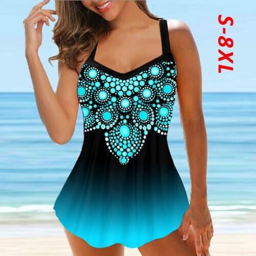 2021 New 8XL Swimsuit Dot Print Tankinis Beachwear Gradient Color Cross Belt Two Pieces Swimwear Plus Size Bathing Suit