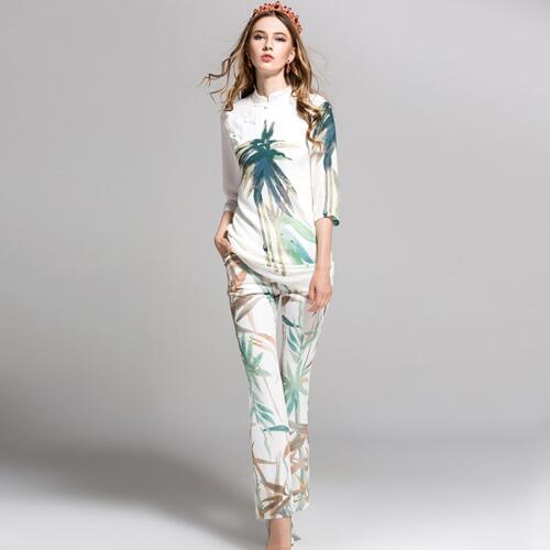 Wholesale White Bamboo Print Summer Suits Half Sleeve Long Slim Top + High Street Full Length Pant Women Sets