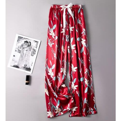 Elastic Waist Sleep Bottoms Sleepwear Women Satin Print Pajamas Long Pants Lingerie Nightwear Lounge Trousers Home Wear Pijamas