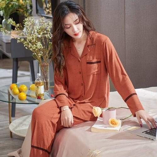 Womens Polk Dot Pajamas Set Turn-down Collar Pyjamas Long Sleeves Suit Soft Modal Female Sleepwear Autumn Homewear Home Services