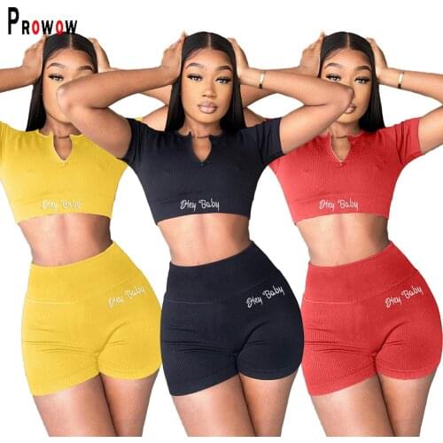 Prowow Summer Women Clothing Set Ribbing Letter Embroidery Two Piece Fitness Suits Zipper O-neck Casual Female Outfits