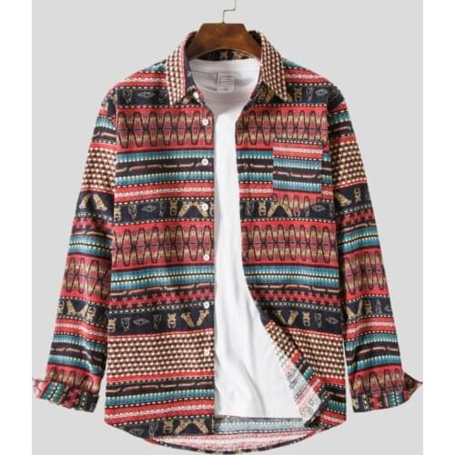 Autumn Mens Corduroy Long Sleeve Shirts Korean Woman Fashion Ethnic Pattern Printed Casual Oversize Striped Shirt Male Clothing