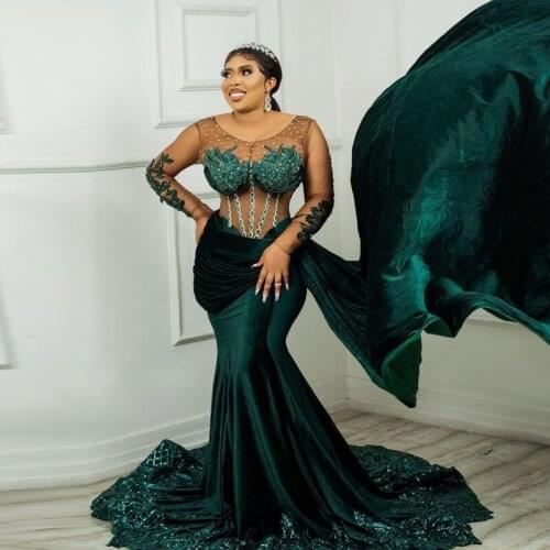 Dark Green Mermaid Evening Dresses with Overskirt See Through Top Velvet Special Occasion Dress Sequine Appliques Prom Gown