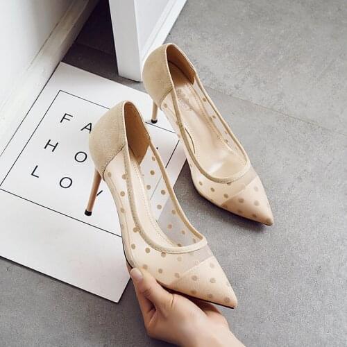 Summer Sexy Shoes Lace Mesh Yarn Polka Dot Breathable High Heel Slender Heel Shallow Mouth Pointed Single Shoes 7cm or 9cm Heel