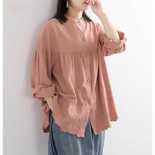 Vintage 100% Cotton Women Shirts Summer New 2021 O-Neck Solid Long-Sleeved Loose Patchwork Casual All Match Female Outwear Tops