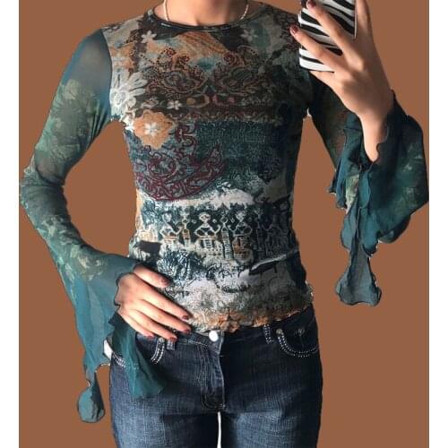 Y2K Fairy Grunge Graphic T-shirt Autumn Patchwork Mesh Long Flare Sleeeve Crop Top 90s Vintage Women Tee Shirt Female Clothes