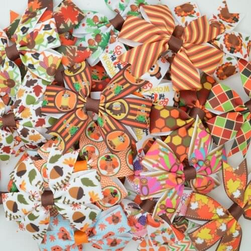SUPWRF 1 PCS 3.1" Inch Thanksgiving turkey Bows Clips Girls hair bow Headware Kids Hair Accessories Printed Ribbon T0929