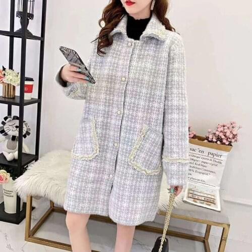 Temperament women Mink fleece tartan jacket mid-length fall winter new Korean loose woolen fashion all-match jacket trend s698