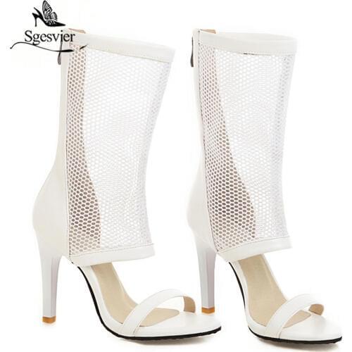 Sgesvier 2019 Women Sandals PU Leather Gauze Breathable Cool Boots Fashion Round Open-toed Sexy Thin Heel Ladies Shoes G447