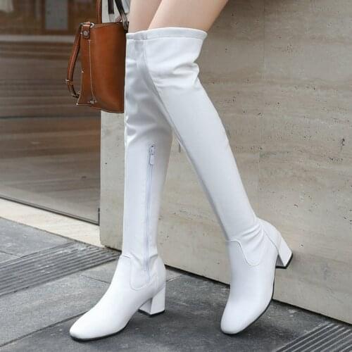 2021 Fashion Knee High Boots Women Winter Boots Thick High Heel Stretch Long Boots Zip Premium PU Autumn Shoes Lady Black White