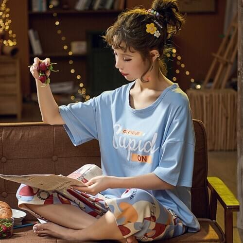 Womens Summer Short Sleeve Cotton Thin Pullover Short Sleeve Calf-length Pants Loose Suit Homewear Set