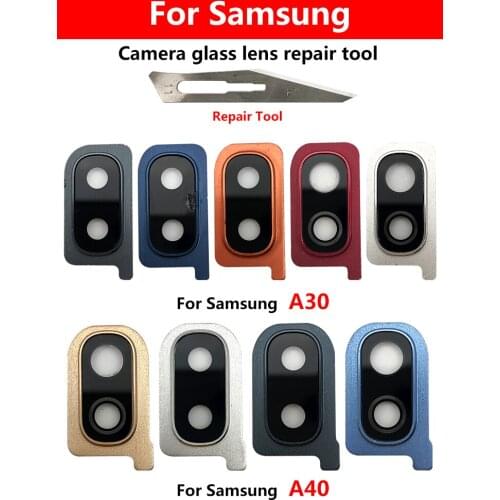 10Pcs，100% Original New For Samsung Galaxy A10 A30 A40 Rear Back Camera Glass Lens Cover with Frame Holder Replacement Part