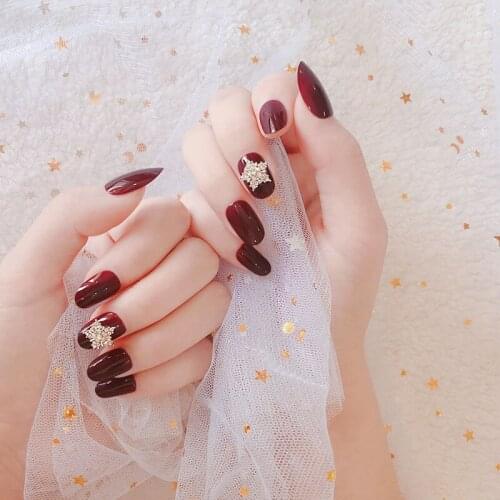 24pcs Shiny Wine Red Fake Nails Full Cover Drill Ring Round Head Manicure Accessories Brides Fake Nail Patch Nail Art with Glue