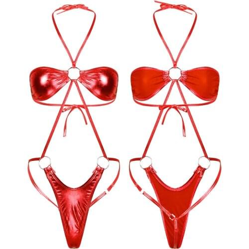 Shiny Metallic Monokini Swimwear Women Sexy Lingerie Halter Neck Backless Slingshot Mini Trikini Thong Teddy Bodysuit Beachwear