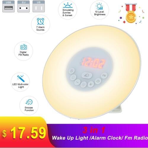 Wake Up Light Alarm Clock Sunrise/Sunset Simulation Electronic Clock With Fm Radio Sounds Function Touch Control 7 Colors Light