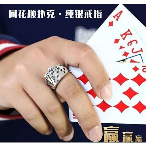 Playing cards thick cubic zirconia carved adjustable rings mens retro design style jewelry
