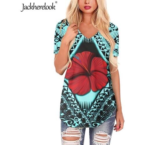 Jackherelook Hawaii Hibiscus Plumeria Polynesian Tribal Brand Design Tops Shirts for Womens Short Sleeve Blouses Plus Size 2020