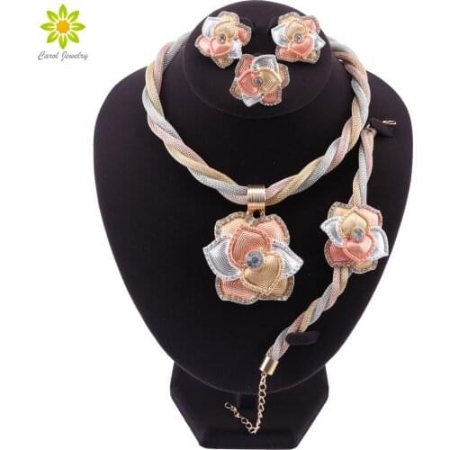 Classic Crystal Flower Pendant Nigeria Jewelry Sets for Women Wedding Jewelry Set Bride Necklace Earrings Ring Bracelet Set