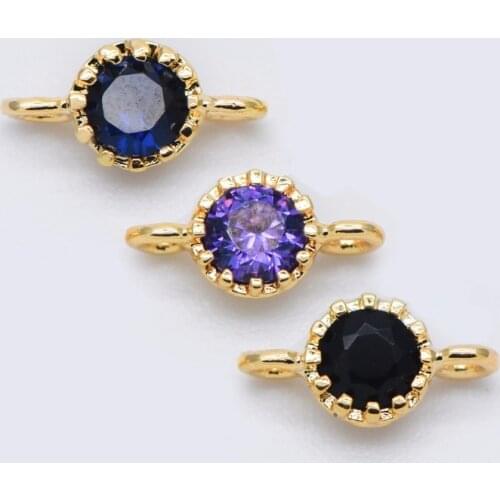 10pcs CZ Paved Round Coin Connectors 4x7mm, Real Gold plated Brass, Mini Geometric Charm Pendants, Blue Purple Black (GB-564)