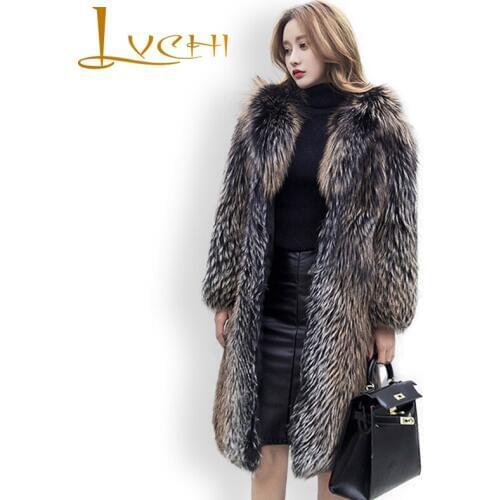 LVCHI Womens Winter Coats Import Black Gold Long Parker Fox fur Thicker with hat Fox Fur Coat Real fur More than 165cm Ladies