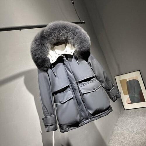 Trendy Fad Winter Women Large Faux Fur Collar Down Coat Thick Warm Hooded 90% White Duck Down Parkas Sash Tie Up Outwear