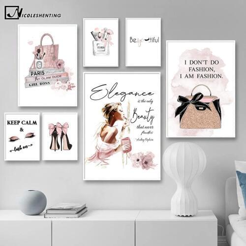 Fashion Art Poster Pink Luxury High Heels Bag Canvas Print Wall Painting Beauty Salon Girls Room Decoration Creative Picture