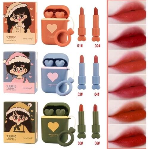 2Pcs/Set New Earphone Box Lip gloss set Matte Red Lipstick Long-lasting not easy to fade Lip tint Cute Makeup Cosmetics TSLM1