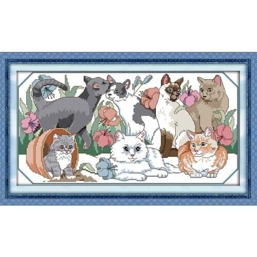 Joy Sunday The Cat Party Printed Canvas DMC Counted DIY Chinese Cross Stitch Kits printed Cross-stitch set Embroidery Needlework