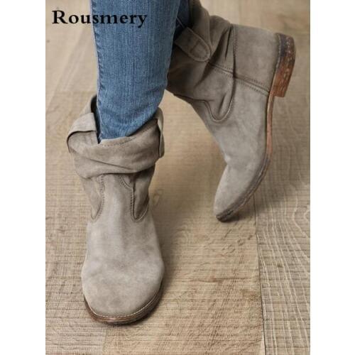 Spring Newest Designer Retro British Style Women Fold Over Chic Gladiator Boots Nude Grey Suede Flat Casual Motorcycle Boots